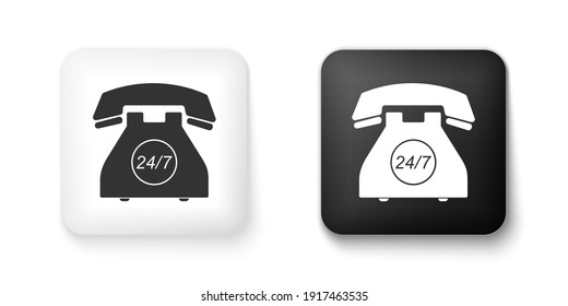 Icono de soporte de 24 horas del teléfono blanco y negro aislado en fondo blanco. Centro de atención al cliente durante todo el día. Abierto las 24 horas y los 7 días de la semana. Botón cuadrado. Vector.