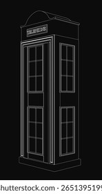 Uma cabine telefônica preta e branca está delineada em branco sobre um fundo escuro. O contraste acentuado destaca o design antigo. Linhas limpas enfatizam a estrutura icônica.