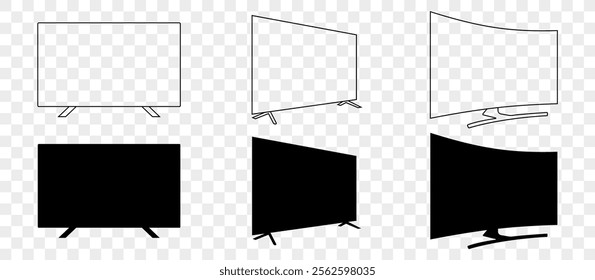 Black and White Television Icons with Flat, Outline, and Curved Screen Designs for Media Projects