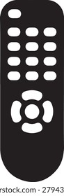 Black and white of a television remote control with a numeric keypad and directional navigation buttons