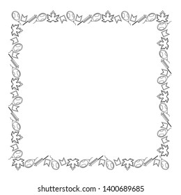 Black and white template for Canada Day. Square frame  leaves of maple, balloons, firecrackers and flags. Coloring. Vector.