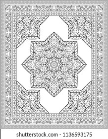 Black and white template for carpet, textile. Oriental floral pattern with frame.