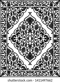 Black and white template for carpet, textile. Oriental floral pattern with frame.