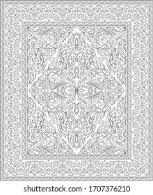 Black and white template for carpet, textile, shawl. Oriental vector background. floral pattern with frame.