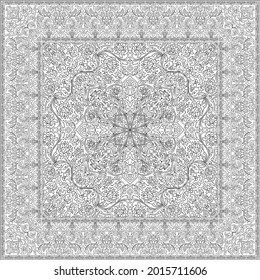 Plantilla en blanco y negro para alfombras, textiles, chales. Fondo vectorial oriental. patrón floral con marco. 