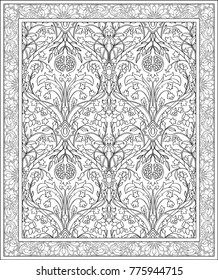 Black and white template for carpet, textile. Oriental floral pattern with pomegranate.