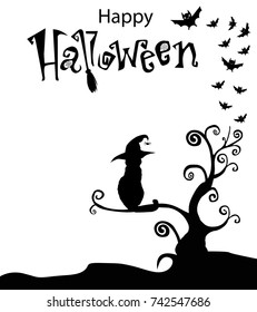 Black and white template with cat in witch hat sitting  on the curly branches tree with bats around and text happy halloween above. Happy halloween text banner, vector illustration. 
