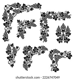 Black and white template corner with grapes. Vignettes and stencils for design. Deco borders. Vector set of 8.