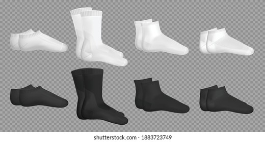 Black and white template examples of different casual socks types realistic set on transparent background isolated vector illustration