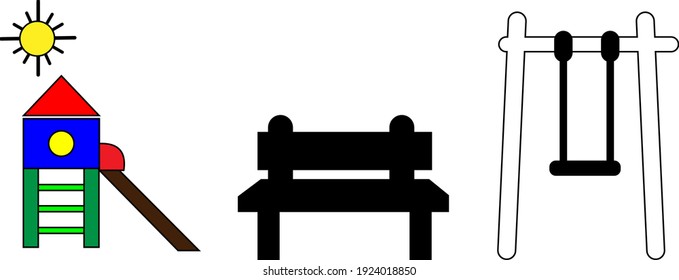 Black and white template icon. flat vector design, swing, chair, slide. can be filled in color