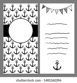 Black and white template in nautical style. Can be used as greeting card or wedding invitation
