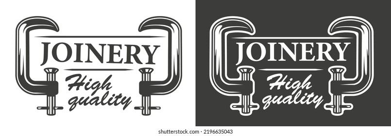 Black and white template on carpentry service theme with joiner's clamps. Vector