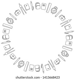 Black and white template for September 1. Round frame of pens, pencils, compasses, notebooks, textbooks, briefcases and rucksacks. Literacy day. Coloring. Vector.