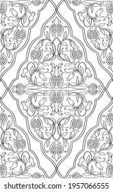 Black and white template for wallpaper, textile. Oriental pattern with pomegranate.