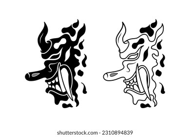 black and white tengu demon vector illustration in Japanese style. line art and silhouette. used for decoration, mascot logo, clothing and t-shirt design