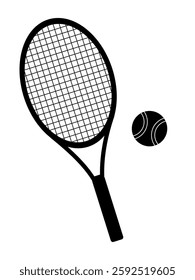 Black And White Tennis Racket And Ball Silhouette Icon. Simple Sports Equipment Symbol For Tennis Game, Training, Tournament, Match, Competition, Fitness, Recreation, Championship, And Club Use