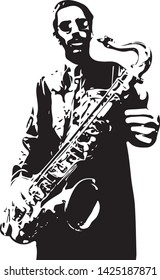 black and white tenor saxophone player vector