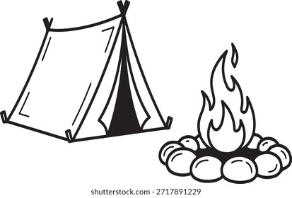 Preto e branco de uma tenda e fogueira com chamas acampando ao ar livre