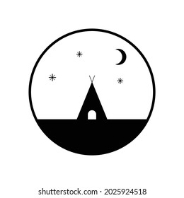Black and white tent logo in a circle. Dawn and moon.Travel and rest. Vector image.