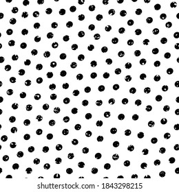 Black and white terrazzo textured polka dots vector seamless pattern background. Textural grunge round circles monochrome backdrop. Tossed random effect design. Shabby chic all over print, urban vibe