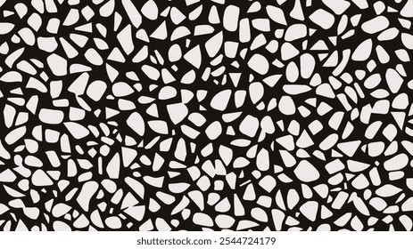 Padrão de vetor terrazzo preto e branco. Fundo de azulejos cerâmicos ou mosaico terrazo. Textura de piso de pedra de mármore Terazzo de pedras quebradas abstratas e peças de mármore para o padrão de azulejos interiores.