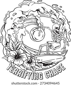 Black and White Terrifying Chase Skeleton Surfing Wave Vector Illustration