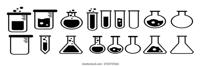 Conjunto de iconos de tubos de ensayo en blanco y negro