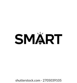 Diseño de logotipo de texto en blanco y negro para la palabra inteligente con una bombilla que reemplaza la letra a