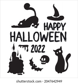 black white text rectangular card. Happy Halloween 2022 greetings with cute cats, pumpkins and cobwebs. For festive decoration, prints, packaging, postcards, design of various