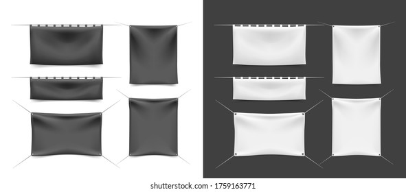 Black and White Textile Banners with Folds on White Background . Isolated Vector Elements 