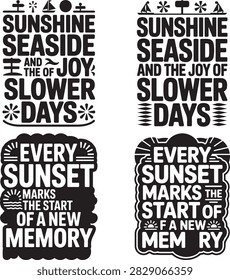 Black and white textual design with quotes about sunshine seaside sunset and joyful memories decorated with simple icons including sailboats suns flowers waves and stars on a transparent background