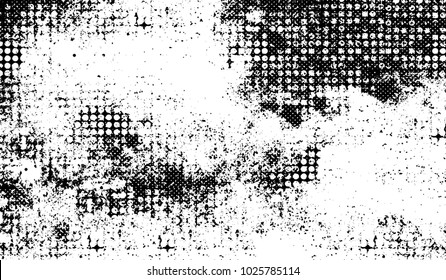 Black and white texture of grunge. Abstract vector monochrome background of dots, lines, dust, spots, chips