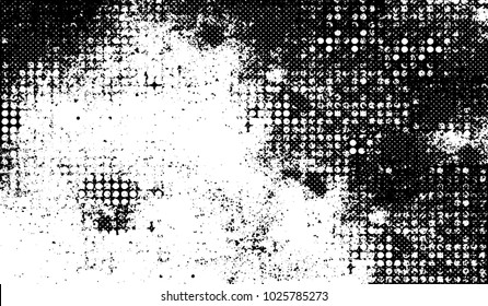 Black and white texture of grunge. Abstract vector monochrome background of dots, lines, dust, spots, chips