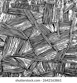 black and white texture of hand-drawn fibers. Seamless pattern. The image has a very abstract and artistic feel to it, with the lines and shapes creating a sense of movement and depth