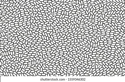 Black and white texture. Irregular array or matrix of random ovals. Vector illustration for print, textile, fabric, package, wrapping or cover. 