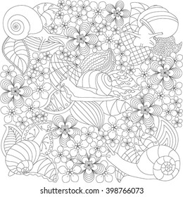Black and white texture to paint with snails on a background of flowers and leaves