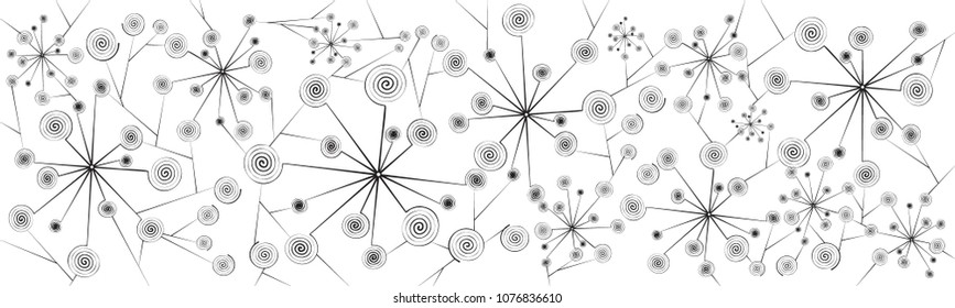 Black and white texture. Panorama of vector pattern from spirals and cobwebs