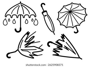 black and white texture of a simple umbrella in various situations, open, closed, and blown by the wind.