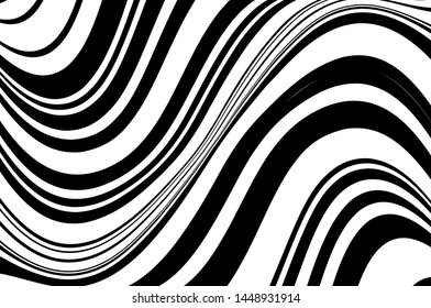 Black and white Texture with wavy, curves lines. Optical art background. Wave design black and white. Digital image with a psychedelic stripes. Vector illustration