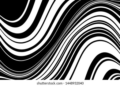 Black and white Texture with wavy, curves lines. Optical art background. Wave design black and white. Digital image with a psychedelic stripes. Vector illustration