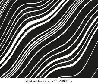 Black and white Texture with wavy, curves lines. Optical art background. Wave design black and white. Digital image with a psychedelic stripes. Vector illustration