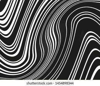 Black and white Texture with wavy, curves lines. Optical art background. Wave design black and white. Digital image with a psychedelic stripes. Vector illustration