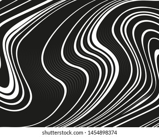 Black and white Texture with wavy, curves lines. Optical art background. Wave design black and white. Digital image with a psychedelic stripes. Vector illustration