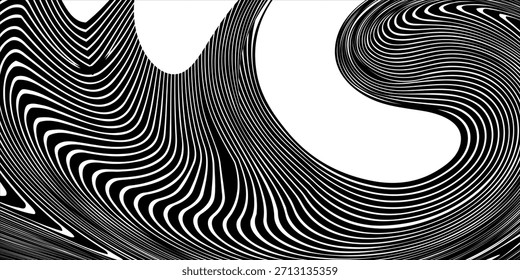 Textura en blanco y negro con líneas onduladas y curvas. Fondo de arte óptico. Diseño de ondas en blanco y negro. Imagen digital con rayas psicodélicas. Ilustración vectorial