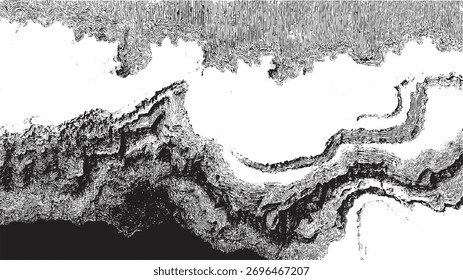 Black and white textured abstract background with wavy lines and layered shapes