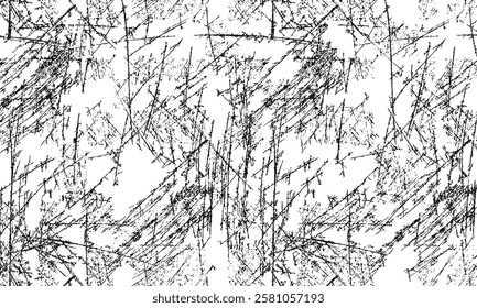 Black and white textured background with chaotic overlapping lines and dots.