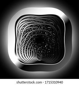 Black and white textured background with a square silver frame. Vector illustration