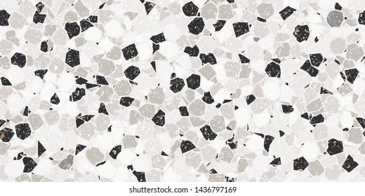 Black and White Textured Dense Crazy Paving or Terrazzo Seamless Repeat Vector Pattern Swatch. Thousands of random non-overlapping polygonal elements. Generative Art.
