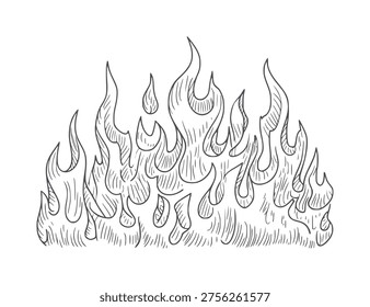 Black and white textured hatching of licking flames fire