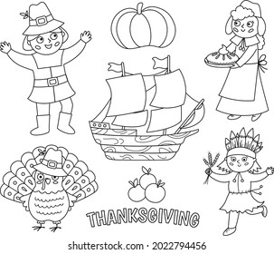 Black and white Thanksgiving Day characters set. Vector Autumn line icons collection with pilgrims, native Indian, ship, turkey, pumpkin. Cute outline fall holiday collection or coloring page
